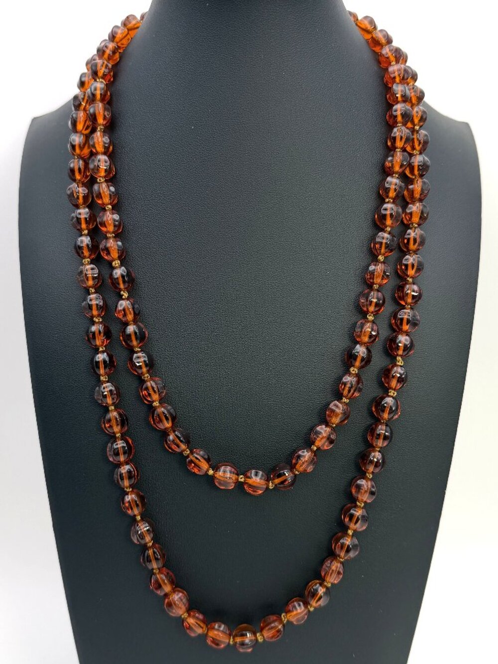 Vintage Cognac Amber Brown Glass Bead Necklace 46” Knotted Long Rope 112g